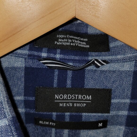 Nordstrom Men's Shop Slim Fit Flannel Long Sleeve Shirt Medium Blue / Grey Plaid - Picture 5 of 15